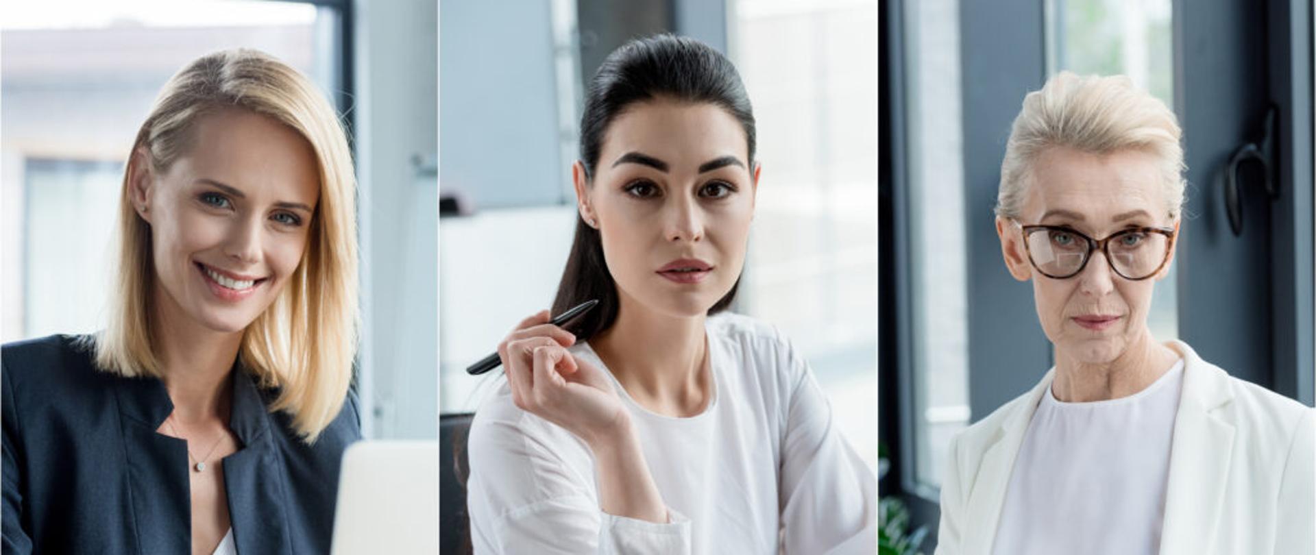 trzy połączone fotografie kobiet w różnym wieku, w przestrzeni biura podczas wykonywania pracy biurowej.