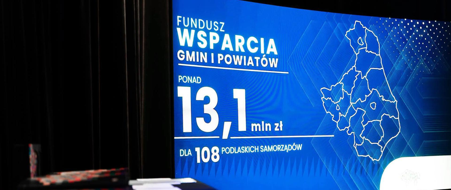Kadr prezentacji o Funduszu Wsparcia i Gmin z informacją o jego wysokości (13,1 mln zł dla 108 samorządów). 
