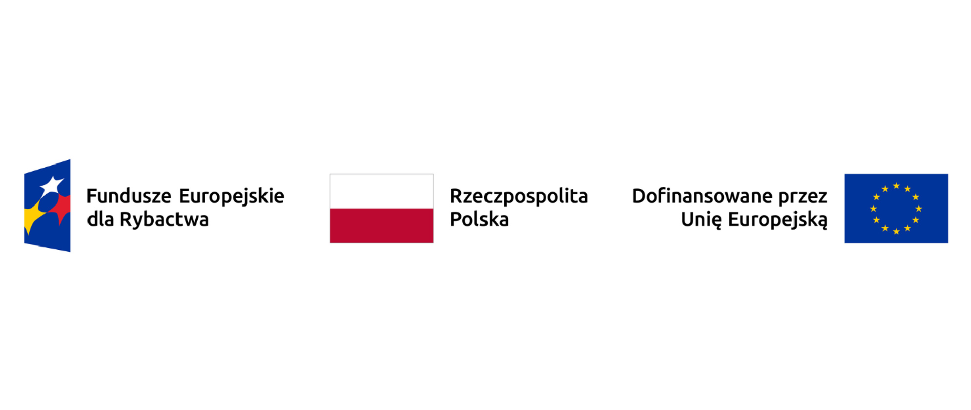 Grafika przedstawia cztery elementy informujące o współfinansowaniu projektu związanego z rybactwem. Od lewej: logo programu ‘Fundusze Europejskie dla Rybactwa’ z symbolem ryby i gwiazdy, flaga Polski z napisem ‘Rzeczpospolita Polska’, tekst ‘Dofinansowane przez Unię Europejską’, oraz flaga Unii Europejskiej z dwunastoma złotymi gwiazdami na niebieskim tle