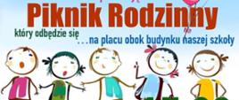 zielono niebieskie tło, grafika dzieci stojących na łące zaproszenie na piknik rodzinny