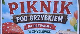 Kolorowy plakat zapraszający na „Piknik pod Grzybkiem” organizowany przez Koło Gospodyń Wiejskich w Opaleniskach.