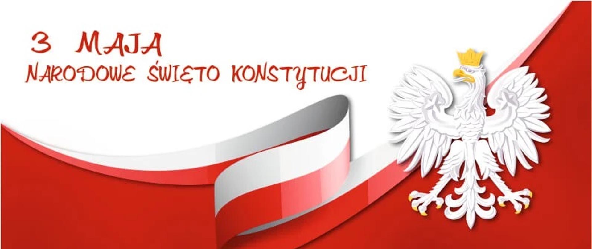 Plakat w biało czerwonych barwach przedstawia szczegółowy program obchodów uroczystości w dniu 3 maja 2024 r.