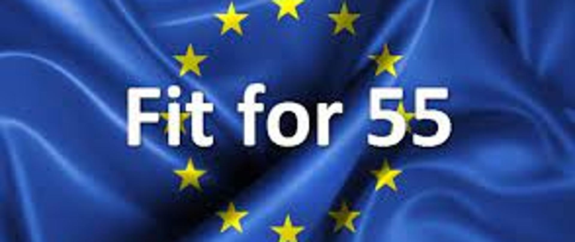 Logo z napisem Fit for 55 na tle flagi Unii Europejskiej