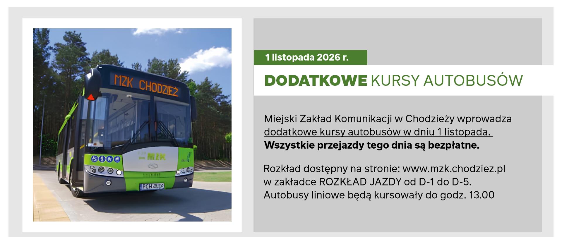 baner foto autobusu MZK oraz informacja o kursach w dniu 1 listopada 