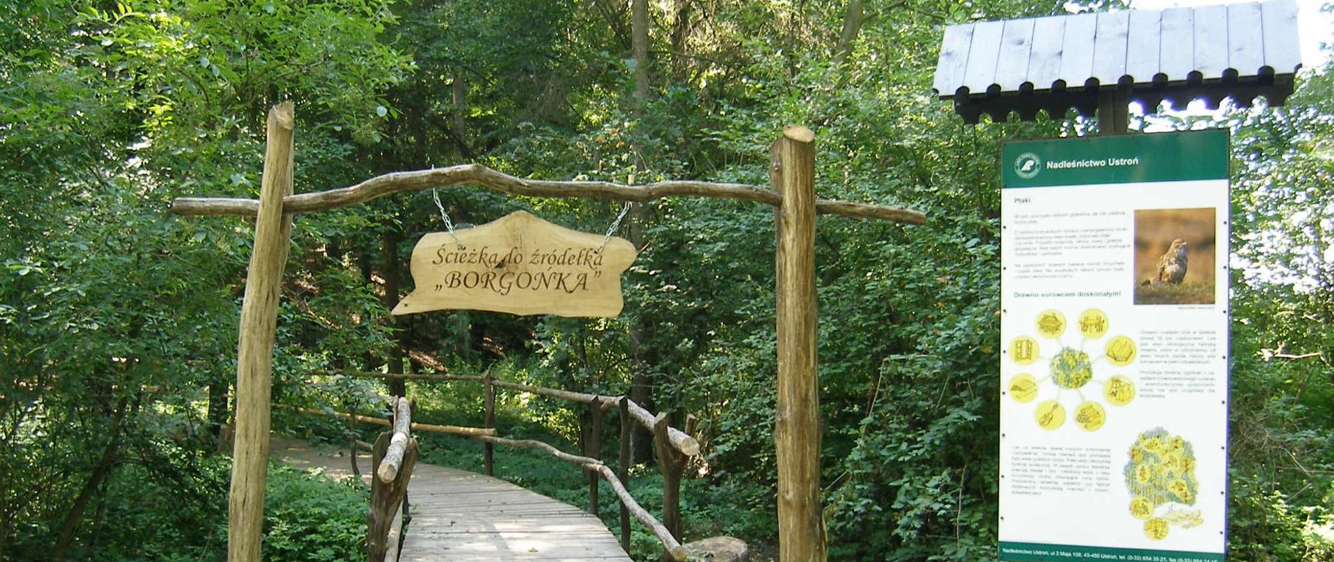 Wejście na ścieżkę w lesie Sikorki z ulicy Lipowej. Brama wejściowa i drewniany podest, z tyłu las. Po prawej stronie tablica informacyjna