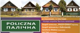 Na zielono - fioletowym tle napisy organizacyjne (zawarte w artykule) oraz zdjęcie drewnianych domów