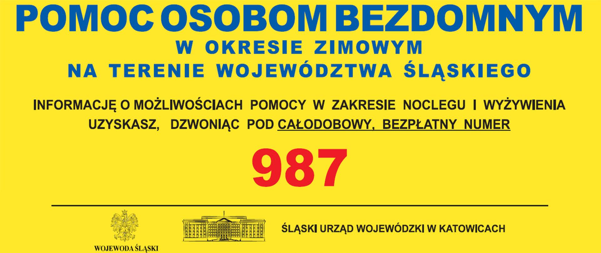 Baner z numerem telefonu 987 dotyczący pomocy dla osób bezdomnych