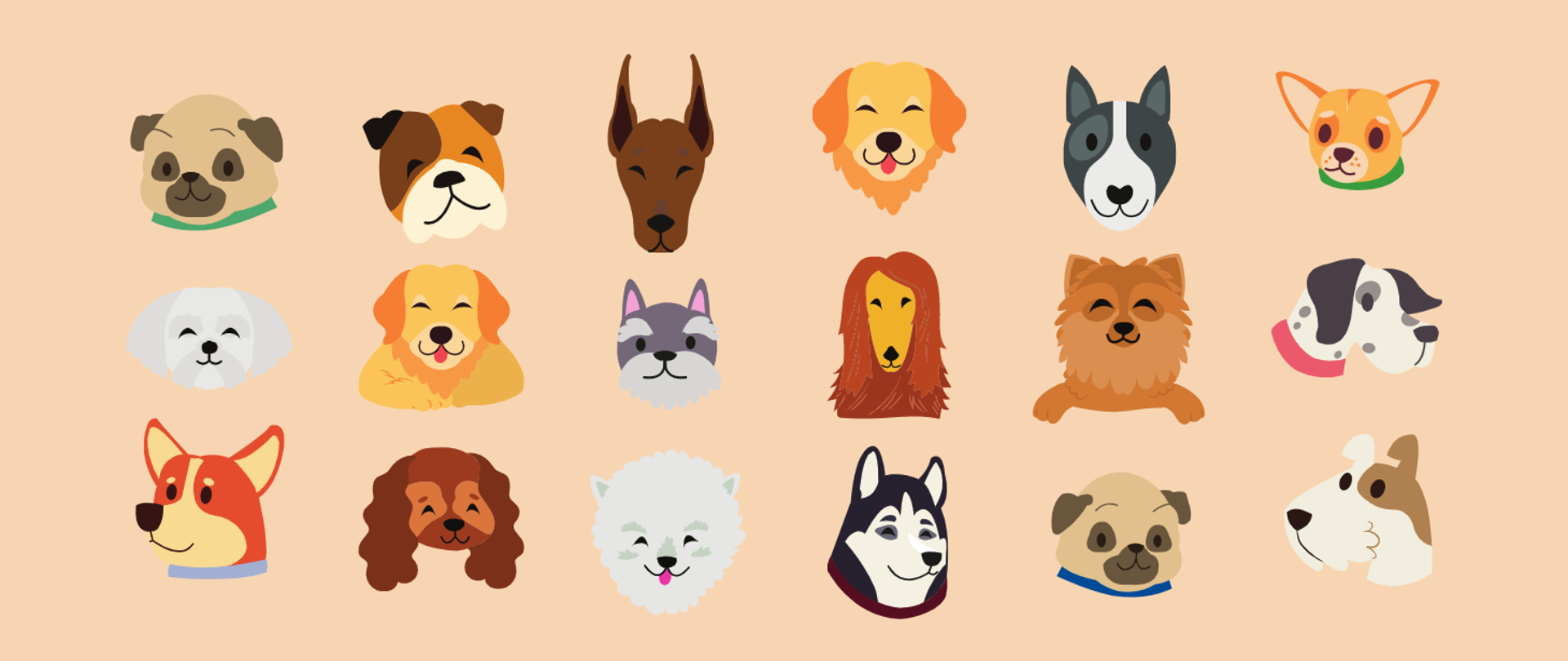 Grafika przedstawiająca głowy psów różnych gatunków.