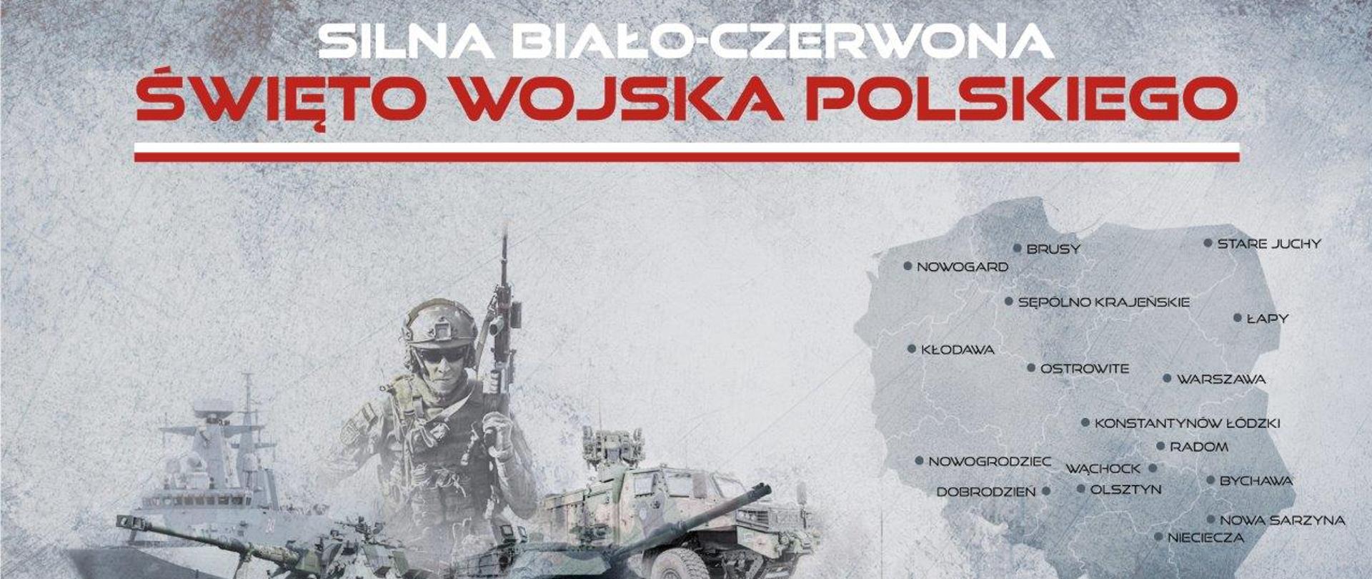 szare tło z lewej strony sylwetka żołnierza z karabinem i czołgu z prawej strony mapa polski i zaznaczone na niej miasta 