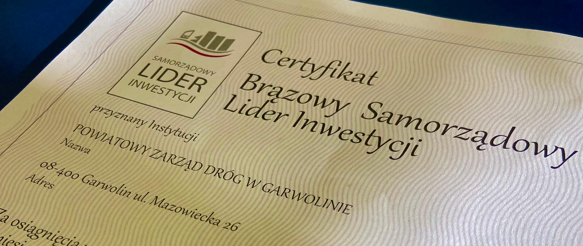 Certyfikat Brązowy Samorządowy Lider Inwestycji 