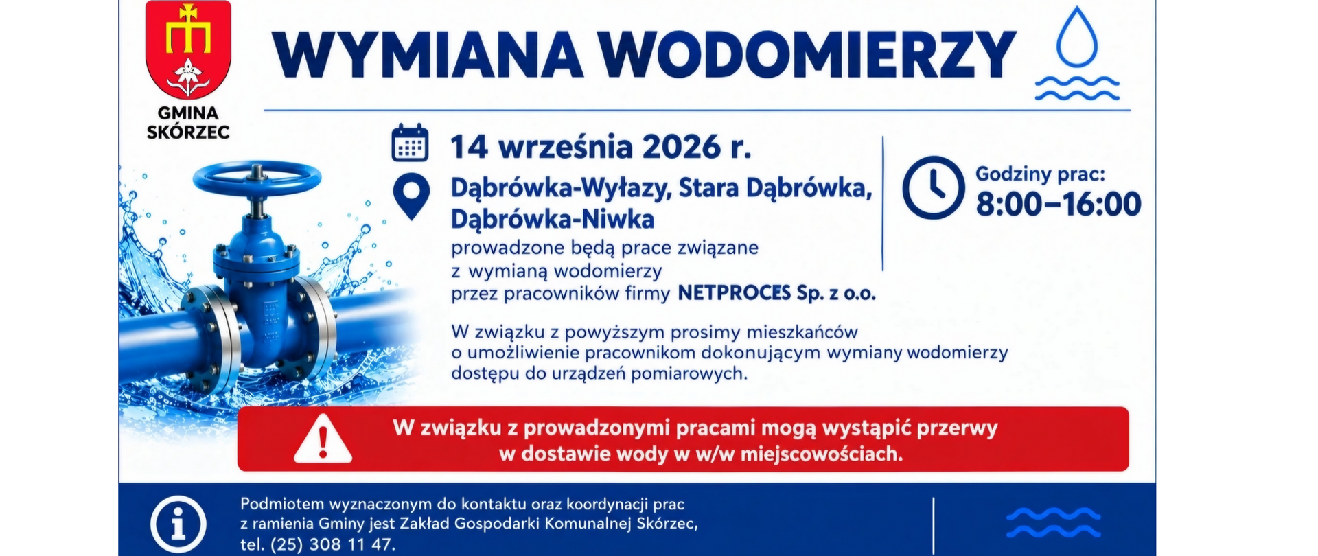 Wymiana wodomierzy Dąbrówka-Wyłazy, Stara Dąbrówka, Dąbrówka-Niwka 14 września 2026 r.