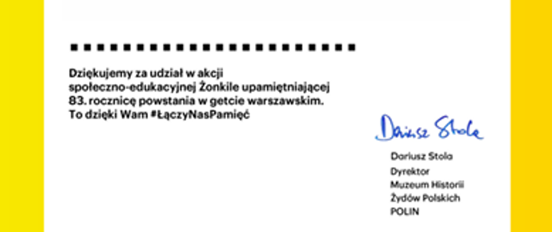 Żółta ramka, w środku białe tło. Na nim czarne napisy. W prawym górnym rogu żonkil.