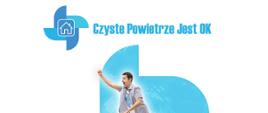 Baner promujący konkurs "Czyste Powietrze jest OK". Na jasnym tle znajduje się niebieski symbol przypominający wiatrak oraz osoba jadąca na hulajnodze w dynamicznej pozie. 