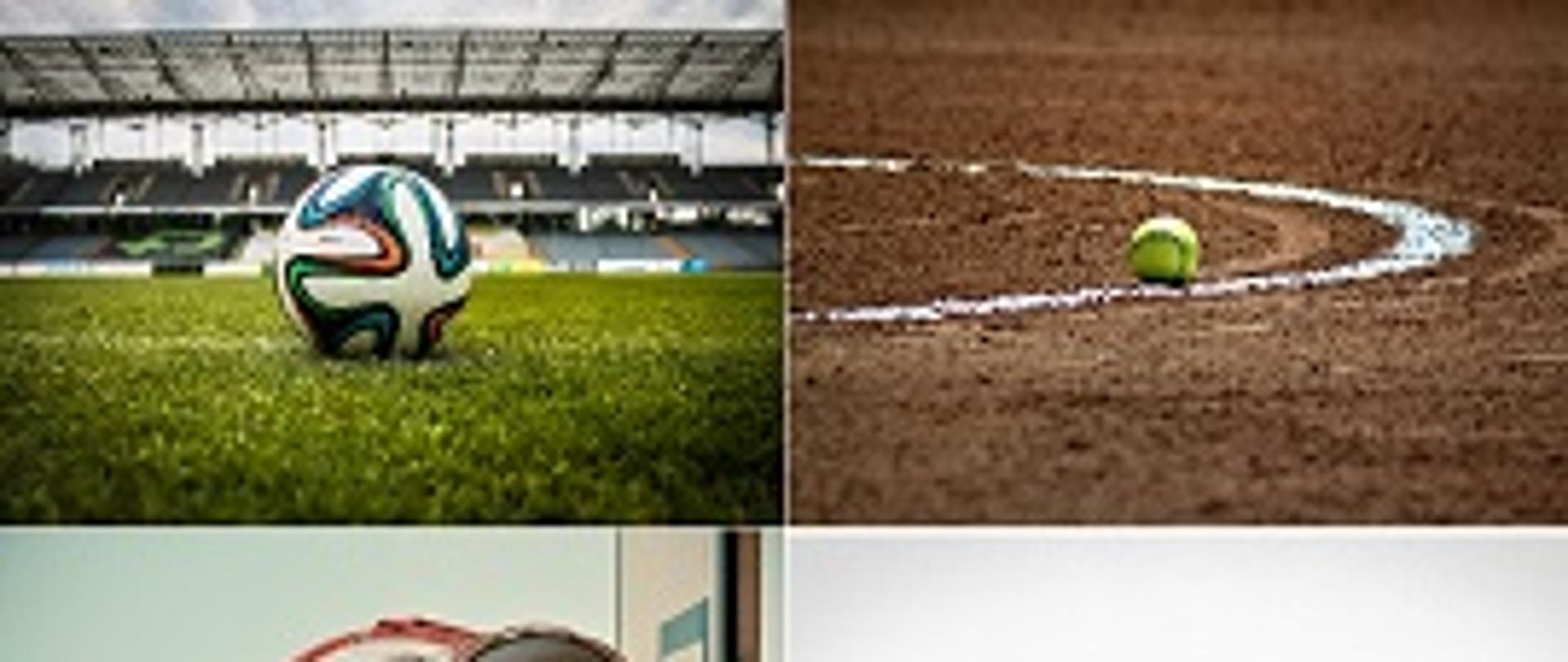 Sporty: piłka nożna, tenis, koszykówka i begi złączone w kolaż.