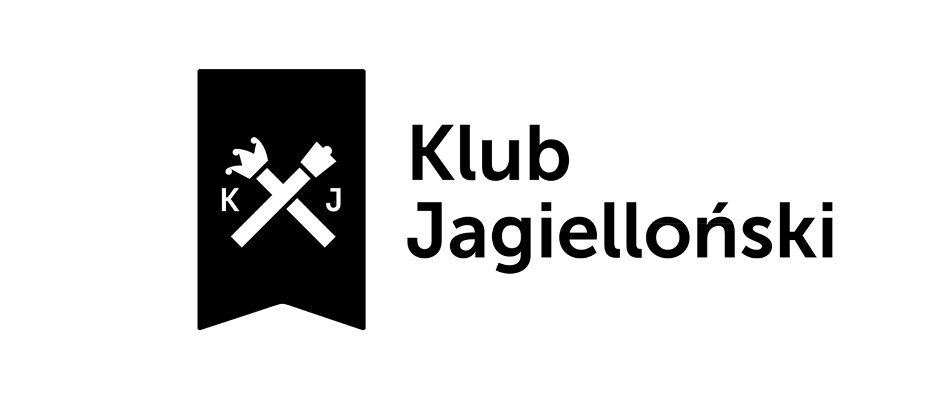 Logo Klubu Jagiellońskiego. Białe tło, czarne symbole i liternictwo lub odwrotnie: dwa skrzyżowane berła, litery KJ, napis Klub Jagielloński.