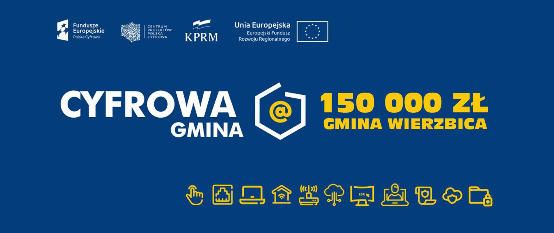promesa programu Cyfrowa Gmina o wartości 150000 zł dla Gminy Wierzbica, grafika na niebieskim tle przedstawia białe logotypy projektu, oraz żółte grafiki informatyczne