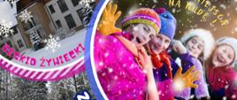 kolorowy plakat na górze dzieci w kolorowych kurtkach i czapkach zimowa aura pada śnieg 
