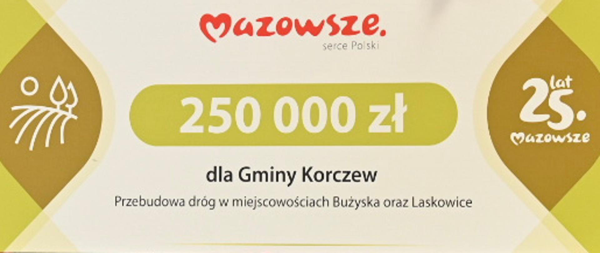 pięć osób stojących na tle tablicy z napisami "Mazowsze" , z których dwie trzymają czek na 250 000 zł.