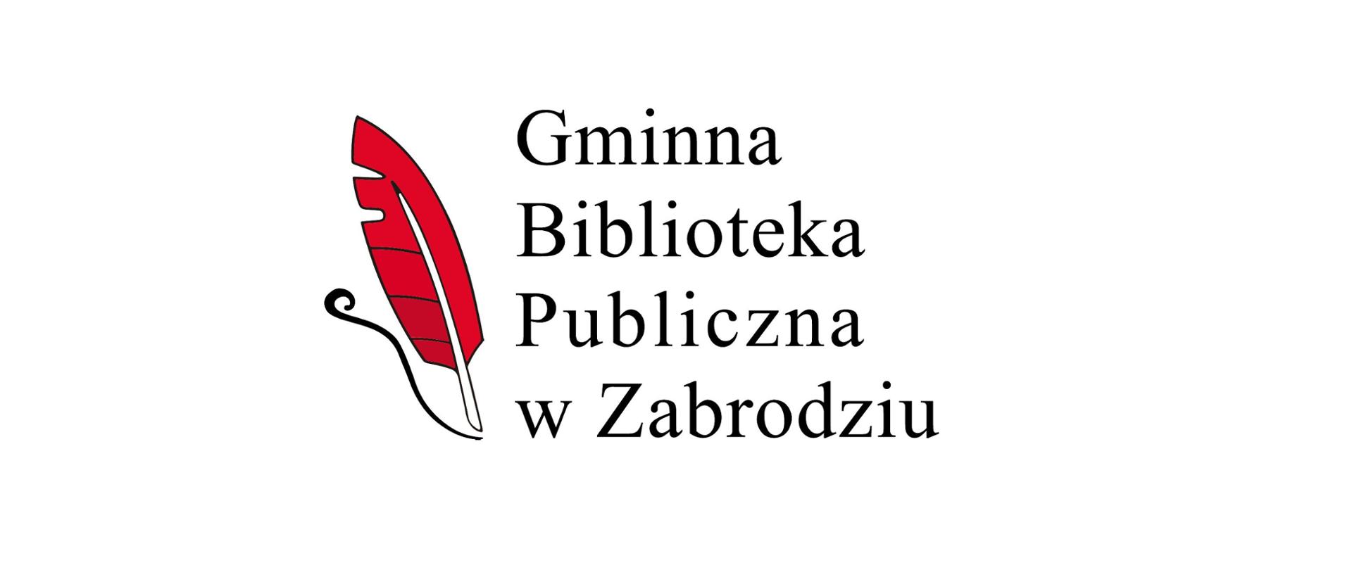 Czerwone pióro i napis Gminna Biblioteka Publiczna w Zabrodziu