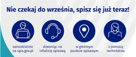 Na grafice jest napis: Nie czekaj do września, spisz się już teraz! Samodzielnie na spis.gov.pl, dzwoniąc na infolinię spisową, w gminnym punkcie spisowym, z pomocą rachmistrza.
Na dole grafiki są cztery małe koła ze znakami dodawania, odejmowania, mnożenia i dzielenia, obok nich napis: Liczymy się dla Polski! Po środku jest adres strony internetowej: spis.gov.pl. W prawym dolnym rogu jest logotyp spisu: dwa nachodzące na siebie pionowo koła, GUS, pionowa kreska, Narodowy Spis Powszechny Ludności i Mieszkań 2021.
