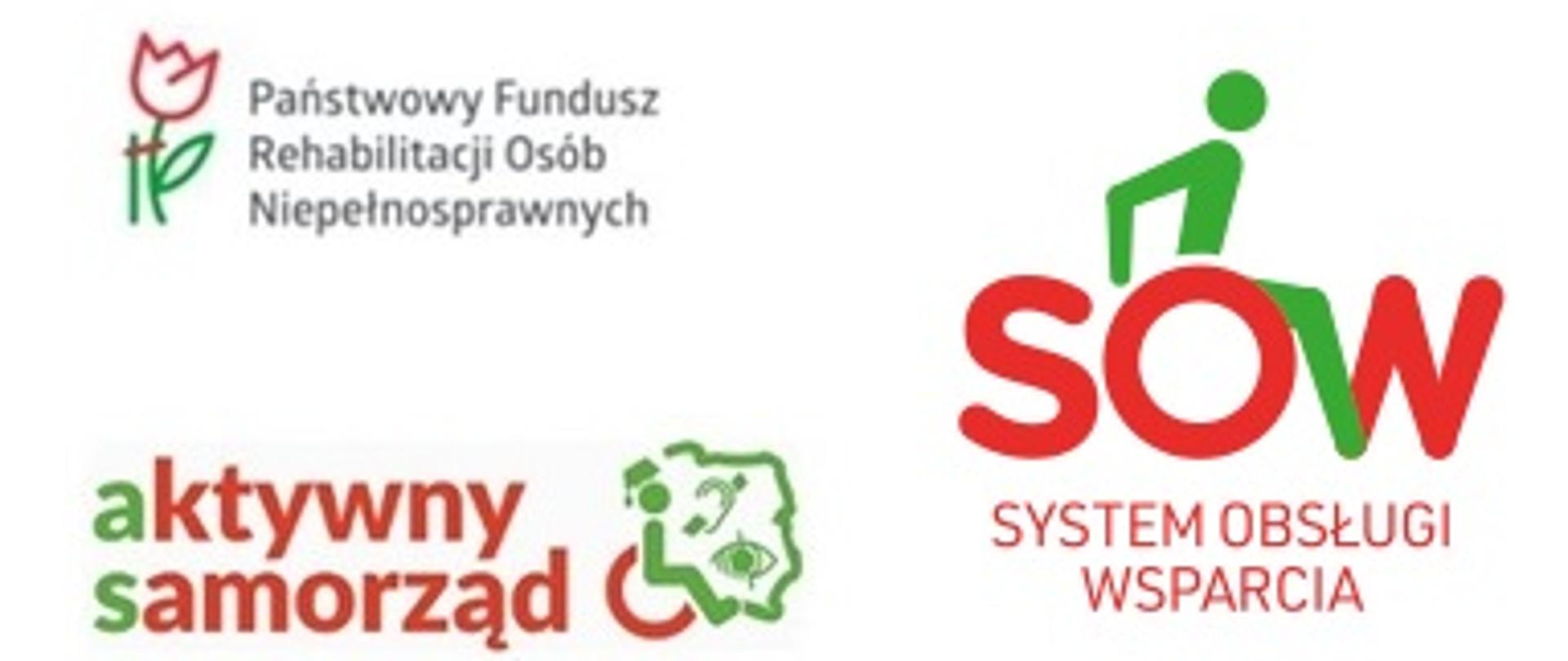 na białym tle logo Państwowego Funduszu Rehabilitacji Osób Niepełnosprawnych, Systemu Obsługi Wsparcia, aktywnego samorządu 