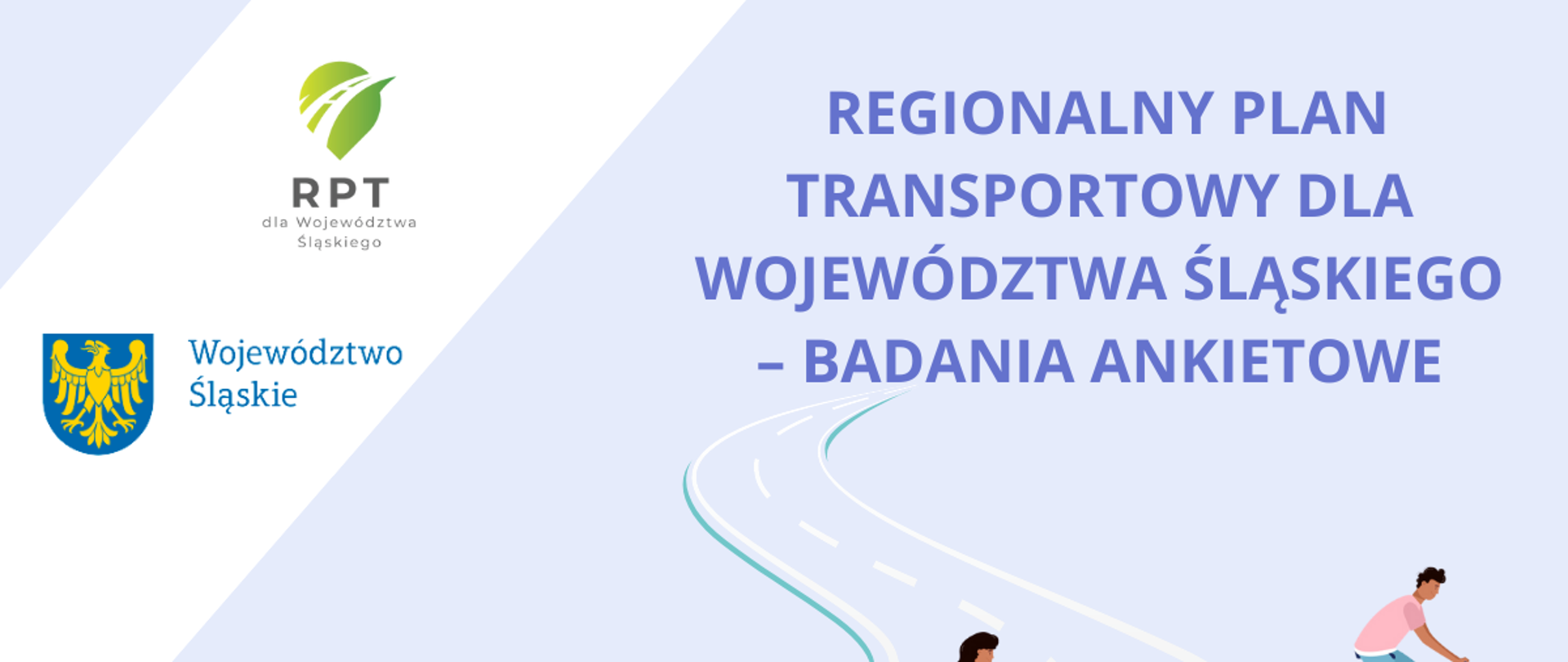 Regionalny Plan Transportowy - banner. Grafika osoby podróżujące różnymi środkami transportu