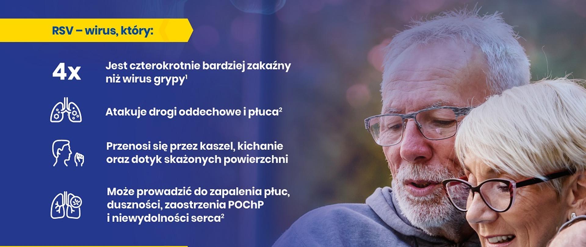 ulotka niebieskie tło z żółtymi wstawkami, białe litery zaszczep się przeciwko RSV w prawym górnym rogu zdjęcie seniorów kobiety i mężczyzny oboje w okularach oglądają tablet 