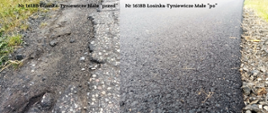 Kolaż zdjęć prezentujący efekt przed remontem (czyli dziury i pęknięcia na drodze) i efekt po remoncie czyli nową nakładkę