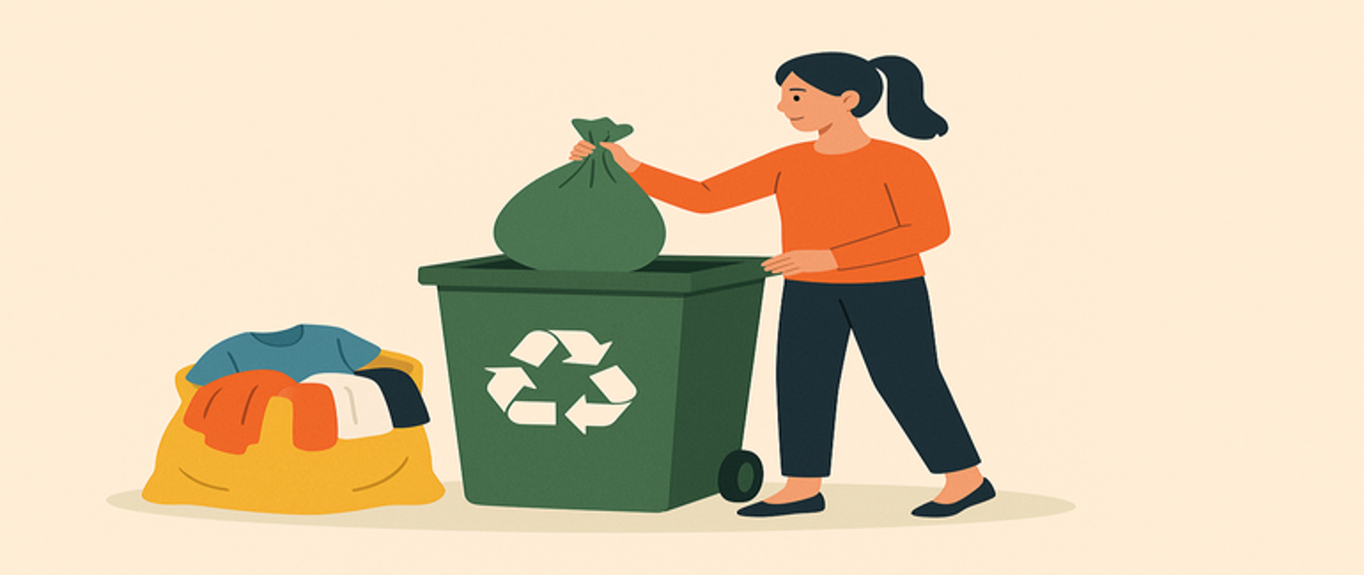 Kobieta wkłada zielony worek z tekstyliami do kosza z symbolem recyklingu — zbiórka odzieży i tekstyliów"