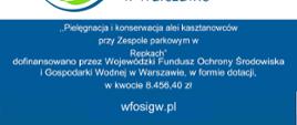 "Pielęgnacja i konserwacja alei kasztanowców przy Zespole parkowym w Repkach" dofinansowano przez Wojewódzki Fundusz Ochrony Środowiska i Gospodarki Wodnej w Warszawie, w formie dotacji, w kwocie 8456,40 zł