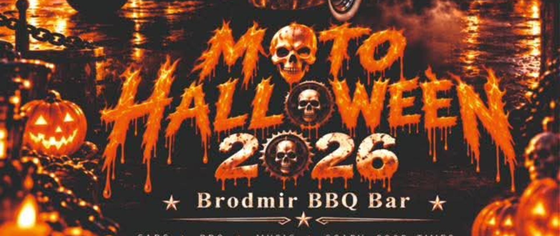 Plakat informujący o MOTO Holloween w Brodmir BBQ, które odbędzie się 23-24.10.2026r.