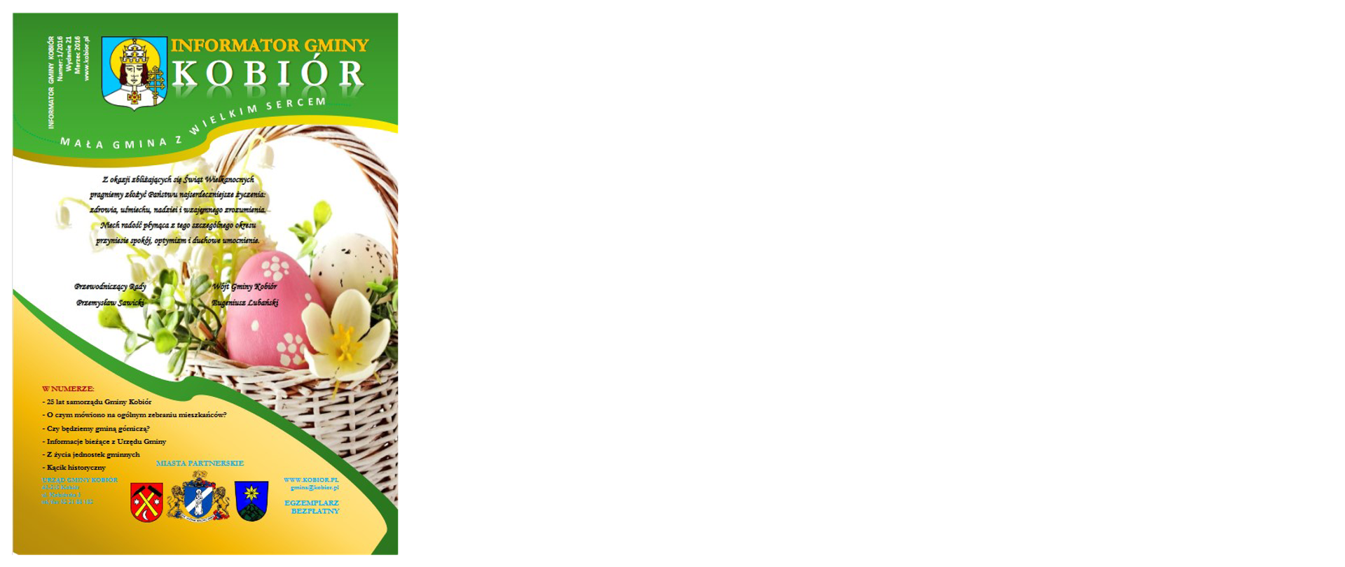 Zdjęcie przedstawia okładkę informatora Gminy Kobiór z marca 2016 roku na której widać Herby Gminy Kobiór oraz miast partnerskich i koszyk wielkanocny