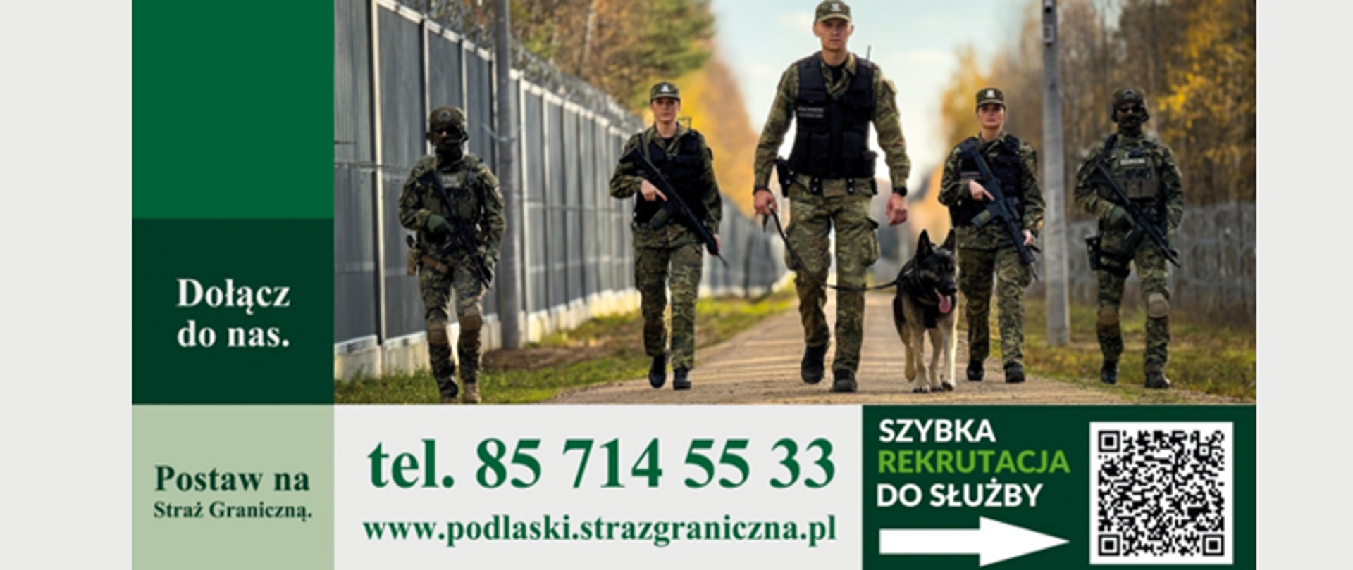 Podlaski Oddział Straży Granicznej ogłasza nabór do służby kontraktowej tel 857145533. Patrol SG na tle pasa granicznego