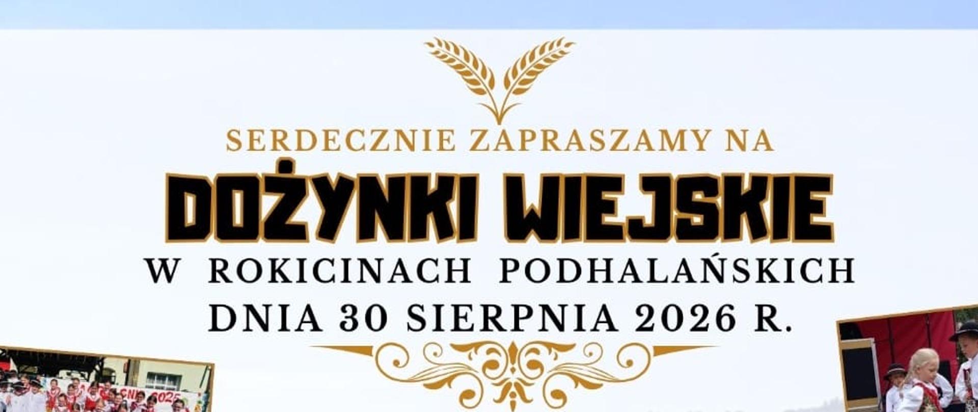 Plakat dożynkowy ze zdjęciami zespołów i artystów, pary w strojach regionalnych oraz grupy osób w strojach ludowych. W dolnej części znajdują się logotypy sponsorów i partnerów.
