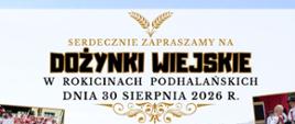 Plakat dożynkowy ze zdjęciami zespołów i artystów, pary w strojach regionalnych oraz grupy osób w strojach ludowych. W dolnej części znajdują się logotypy sponsorów i partnerów.