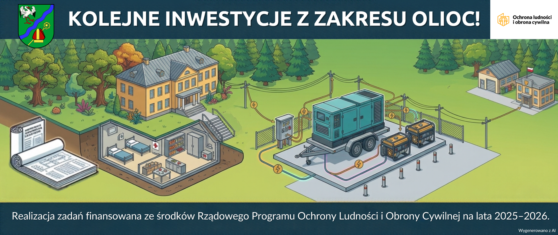 Grafika przedstawia ilustrację dotyczącą inwestycji z zakresu ochrony ludności i obrony cywilnej. W górnej części widnieje nagłówek „KOLEJNE INWESTYCJE Z ZAKRESU OLIOC!”. Po lewej stronie górnego rogu umieszczono herb z bocianem i mitrą biskupią, a w prawym górnym rogu logo „Ochrona ludności i obrona cywilna”. Rysunek prezentuje teren otoczony lasem. Z lewej strony znajduje się żółty budynek z odsłoniętym przekrojem podziemnego schronu, w którym widoczne są łóżka, zapasy żywności oraz apteczka. Obok schronu leży rozwinięta dokumentacja projektowa. W centralnej części usytuowano stację z agregatami prądotwórczymi – jednym dużym na przyczepie oraz dwoma mniejszymi – połączonymi przewodami z linią zasilającą, która prowadzi do budynku z polską flagą po prawej stronie. Na dole grafiki znajduje się napis: „Realizacja zadań finansowana ze środków Rządowego Programu Ochrony Ludności i Obrony Cywilnej na lata 2025–2026.”, a w prawym dolnym rogu niewielka adnotacja „Wygenerowano z AI”.