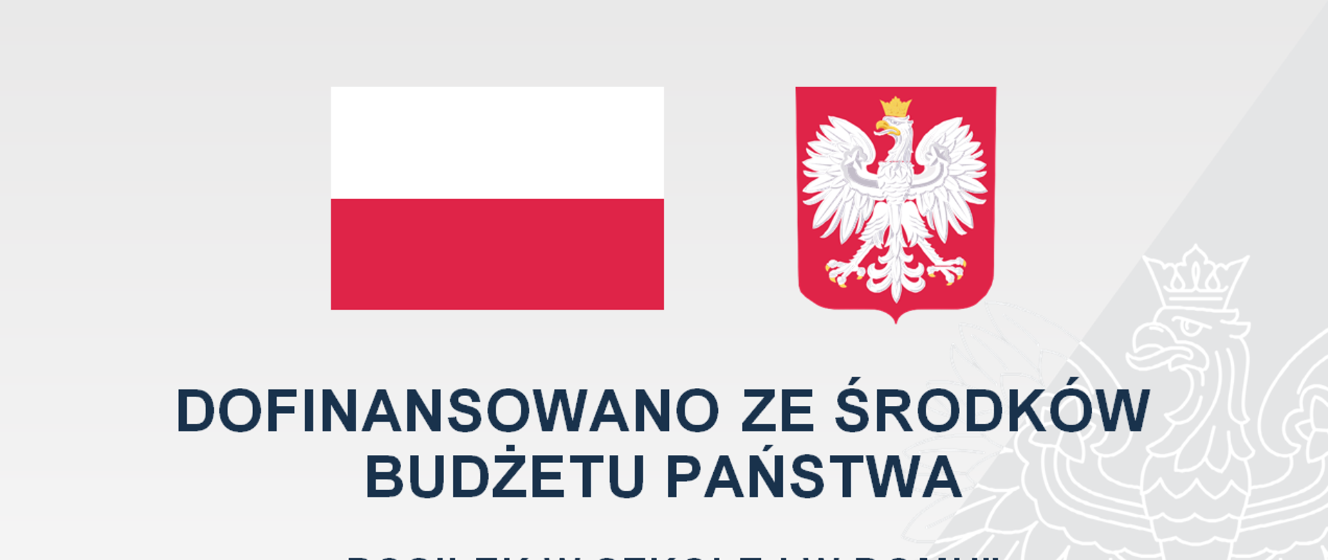 Dofinansowano ze środków Budżetu Państwa "Posiłek w szkole i w domu" Doposażenie i poprawa standardu obecnie funkcjonującej stołówki szkolnej. Dofinansowanie 80000,00 zł, Całkowita wartość 100000,00 zł