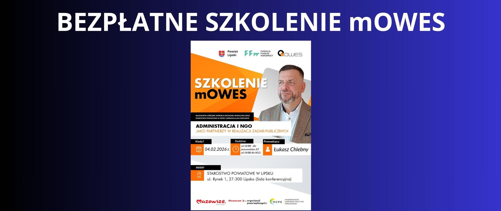 Granatowe tło z białym napisem "Bezpłatne szkolenie mOWES". Pod napisem plakat z wizerunkiem pana prowadzącego to szkolenie.