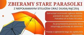 Białe tło, po lewej stronie dwa parasole. Na górze pomarańczowe napisy. Po prawej stronie pomarańczowe prostokąty z białymi napisami.