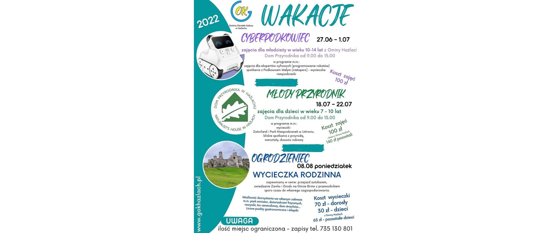 Plakat informacyjny GOK Hażlach „Wakacje 2022”. Trzy oferty: „Cyberpodkowiec”, „Młody przyrodnik”, „Ogrodzieniec” oraz materiały ilustracyjne do każdej akcji 