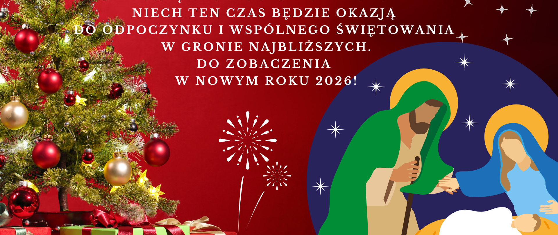 Kartka świąteczna z życzeniami, choinką i szopką