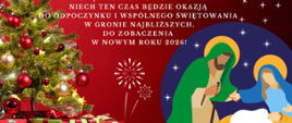 Kartka świąteczna z życzeniami, choinką i szopką