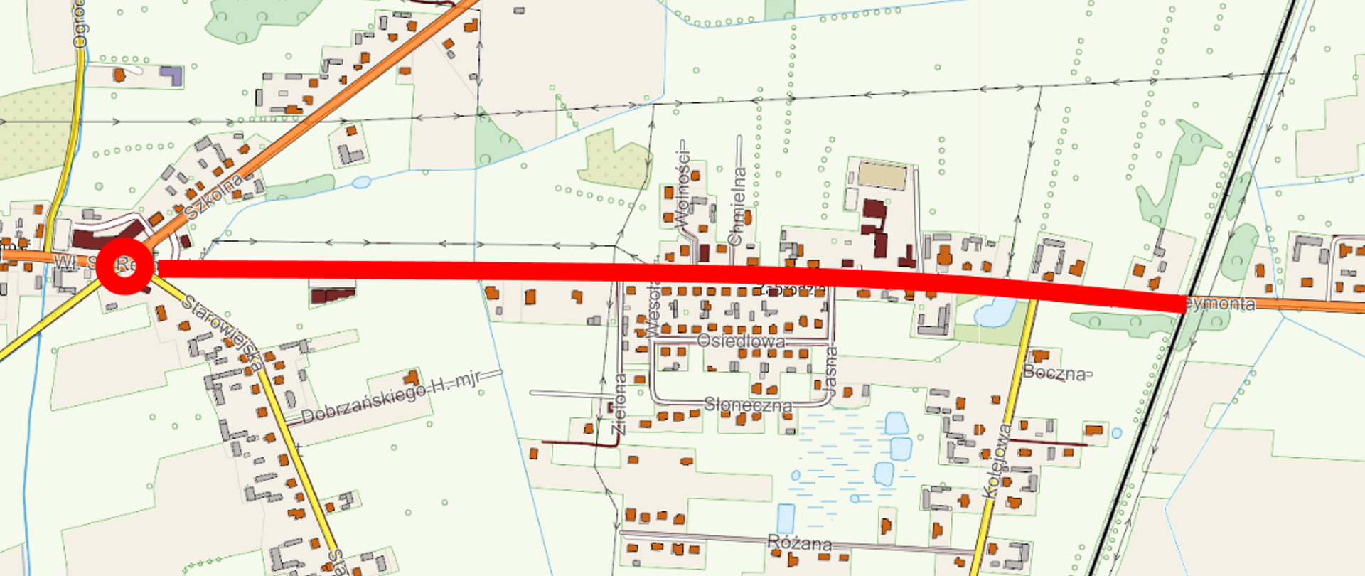 Mapa z zaznaczonym odcinkiem drogi i rondem na czerwono
