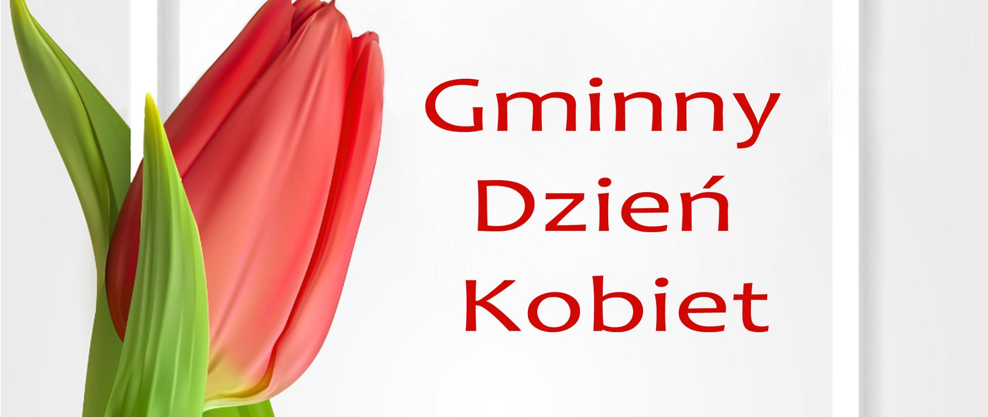 Czerwony tulipan w białej ramce na jasnym tle, w środkowej części czerwony napis Gminny Dzień Kobiet