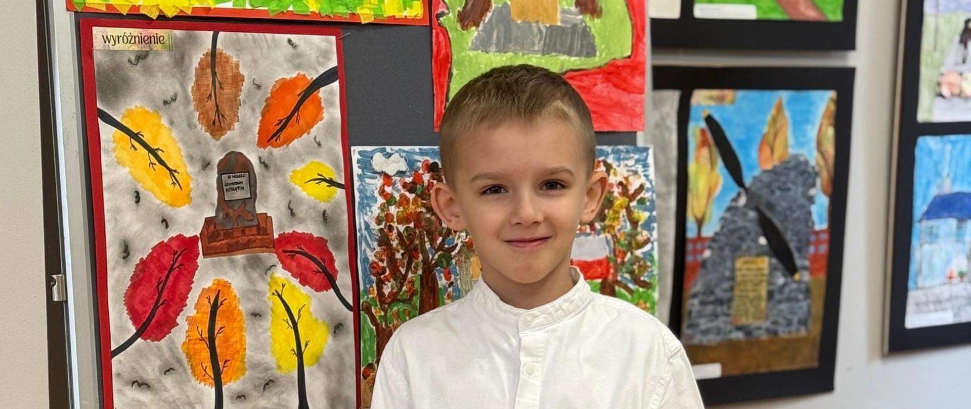 Filip i jego praca z gminnym konkursie plastycznym „Za naszą i waszą wolność”