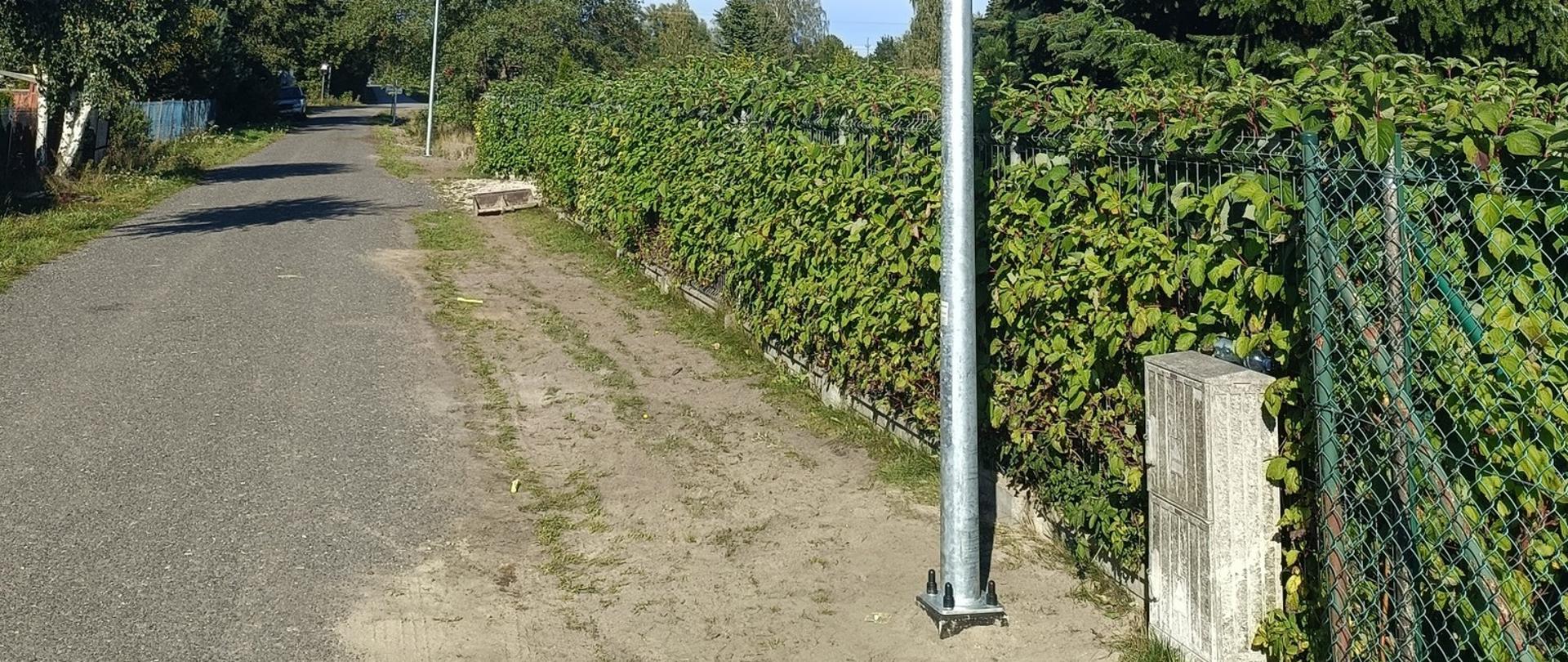 Pionowe ujęcie wysokiego, nowego, metalowego słupa oświetleniowego na tle bezchmurnego, niebieskiego nieba. Słup jest posadowiony przy gruntowej ścieżce, która biegnie równolegle do asfaltowej drogi i jest oddzielona od niej żywopłotem i siatkowym ogrodzeniem. Po prawej stronie widać gęste iglaste krzewy/drzewa.