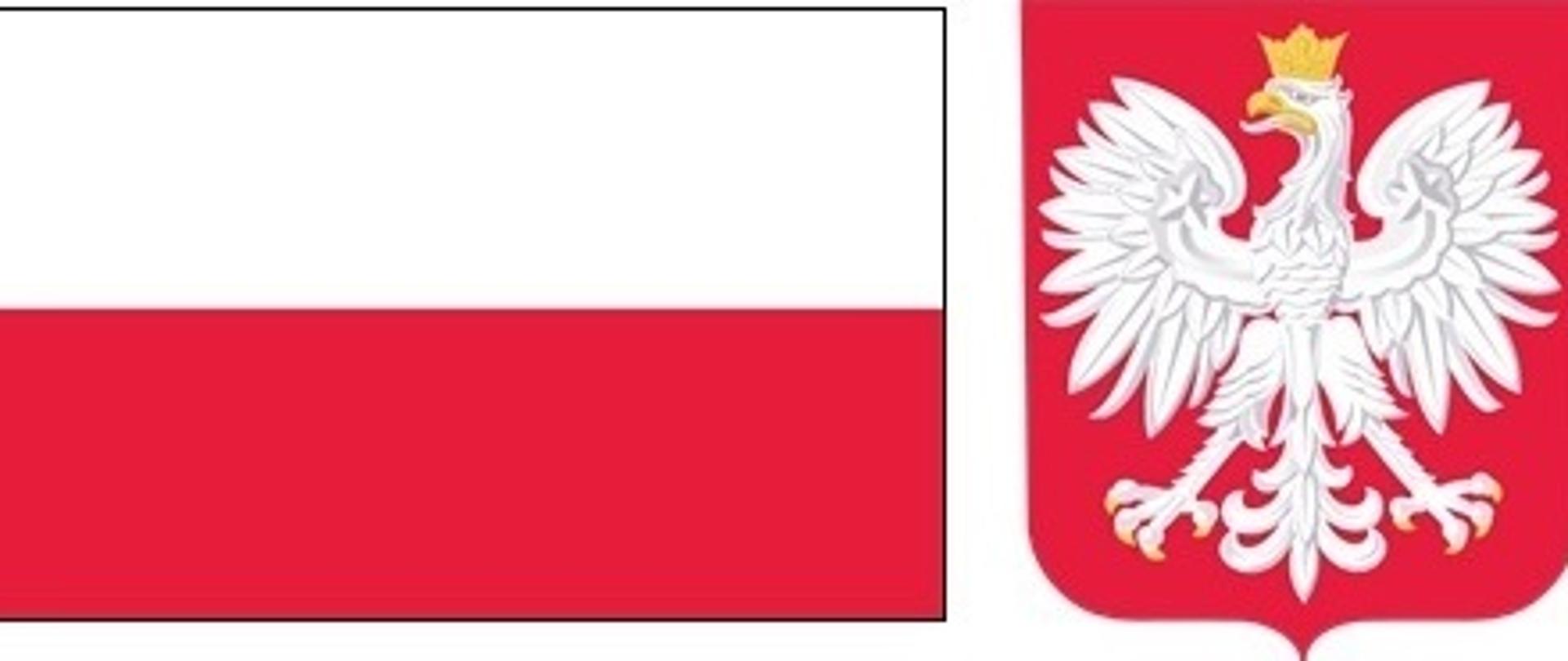 Po lewej flaga Polski, po prawej godło Polski