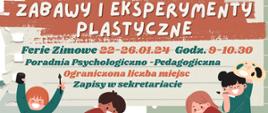 Zajęcia dla dzieci z klas I- IV. Zabawy i eksperymenty plastyczne. Ferie zimowe 22-26.01.2024, godz. 9.00-10.30. Poradnia Psychologiczno - Pedagogiczna. Ograniczona liczba miejsc, zapisy w sekretariacie. U dołu grafika dzieci malujących i rysujących