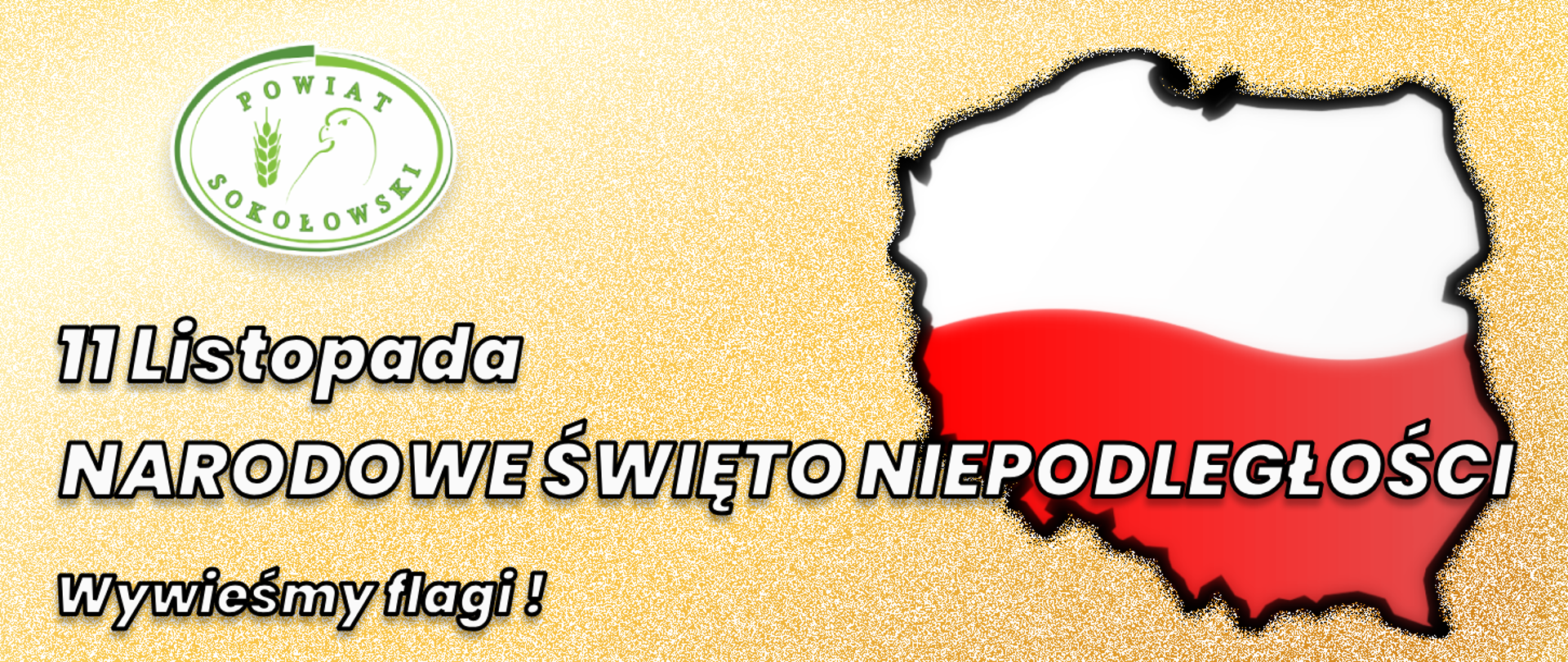 Na grafice w lewym górnym rogu umieszczono logo Powiatu, poniżej biały napis 11 listopada, Narodowe Święto Niepodległości. Całość umieszczono na żółtym tle, a po prawej stronie widzimy flagę Polski zamkniętą w konturze granic RP