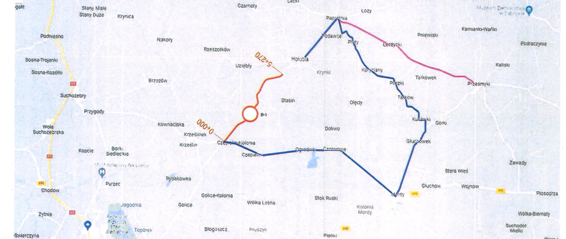 Grafika przedstawia mapę z zaznaczonym objazdem drogi powiatowej nr 3615W z zaznaczonym objazdem do m. Hołubla przez miejscowości: Czepielin Kolonia, Czepielin, Ogrodniki,Czołomyje, Mordy, Głuchówek, Kukawki, Tarków, Pliszki, Koryciany, Pluty Podawce i Paprotnia
